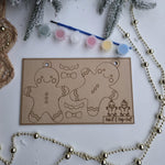 Card with gingerbread man design surrounded by decorative elements on a light background