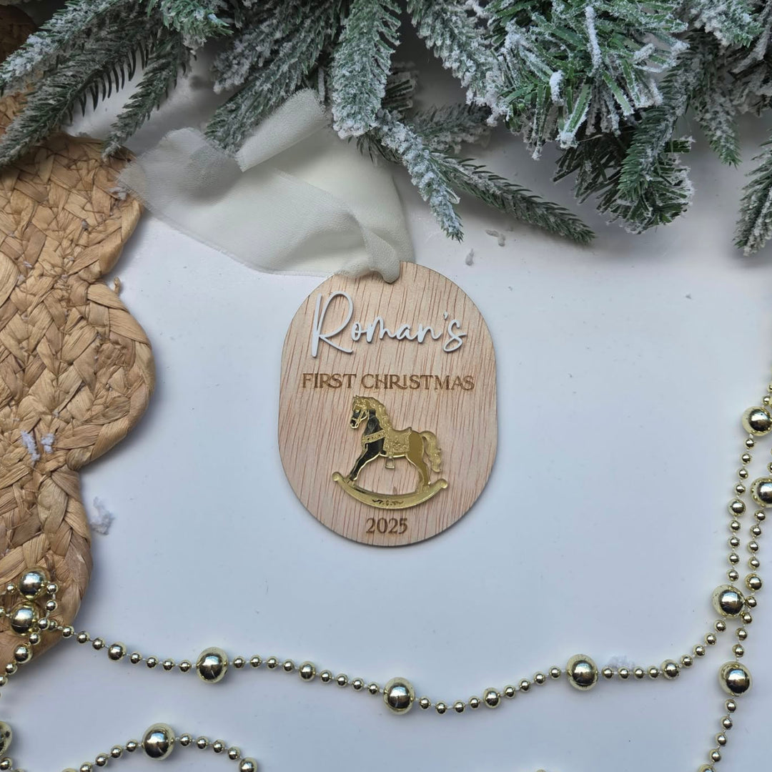Personalised Baby's First Christmas Rocking Horse Ornament.
