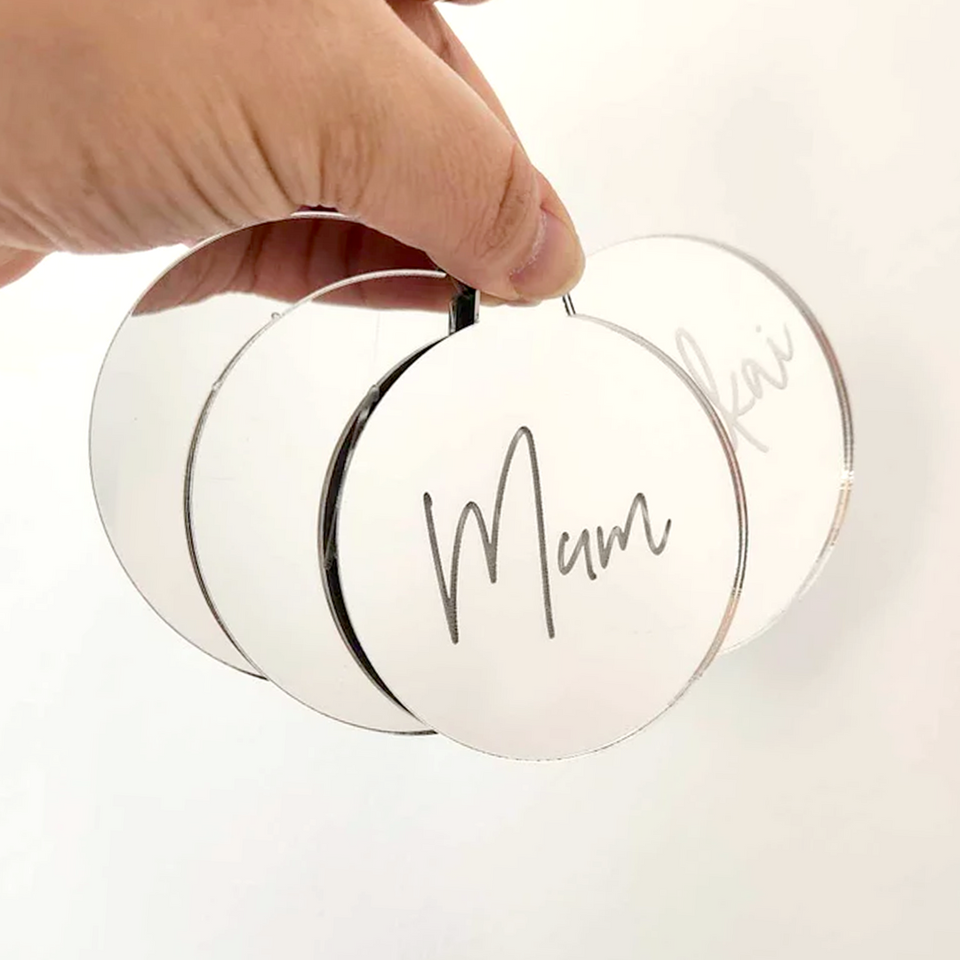 Mirror Baubles – Personalised Christmas Ornaments with Engraved Name