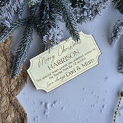 Personalized Christmas tag with text on a snowy background